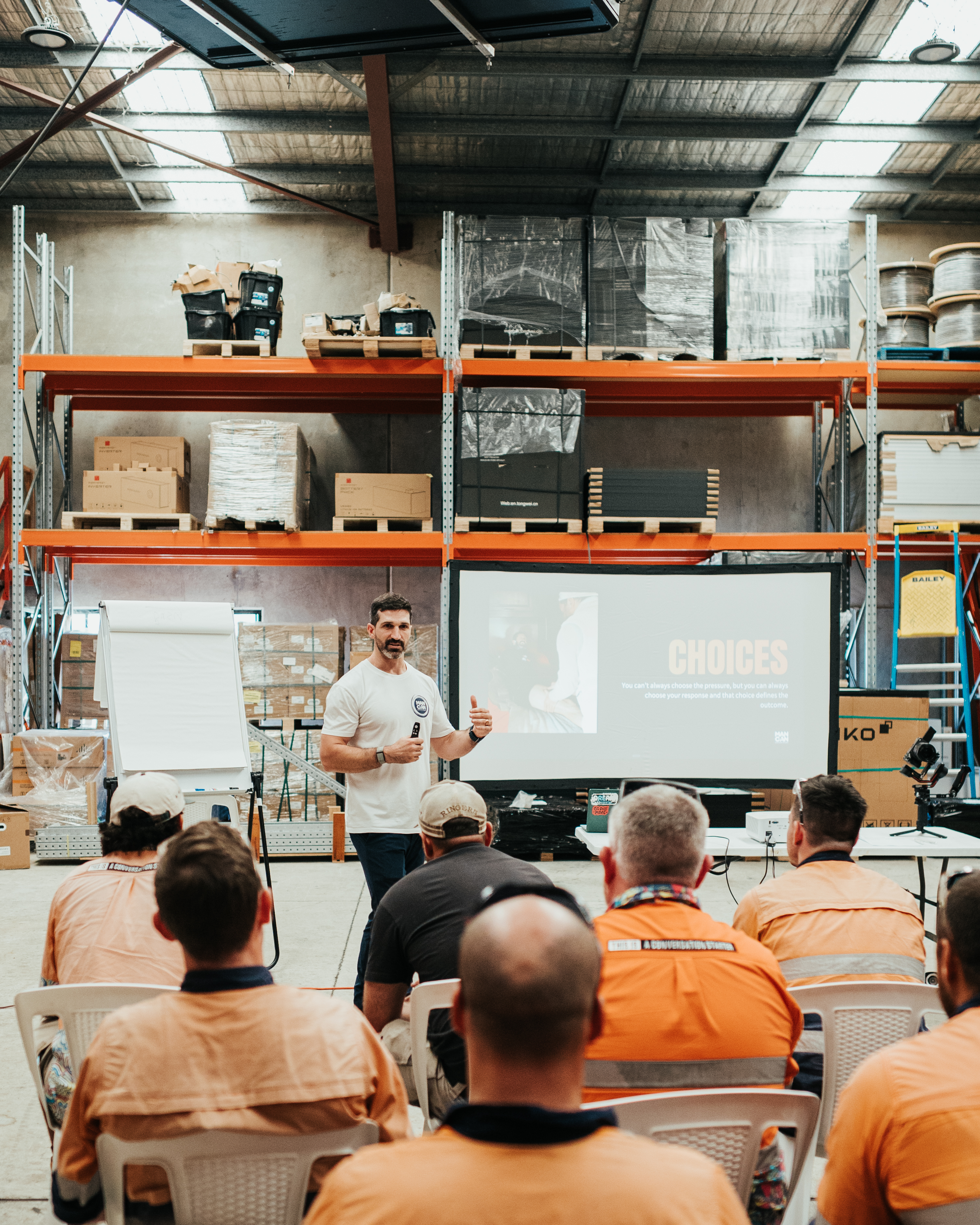 Lachlan Stuart delivering the Built for Pressure resilience workshop at Gardel Electrical in 2026
