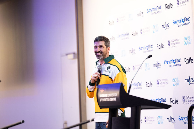 Lachlan Stuart on stage delivering the resilience keynote at the Sports Strategy Summit 2026, Brisbane