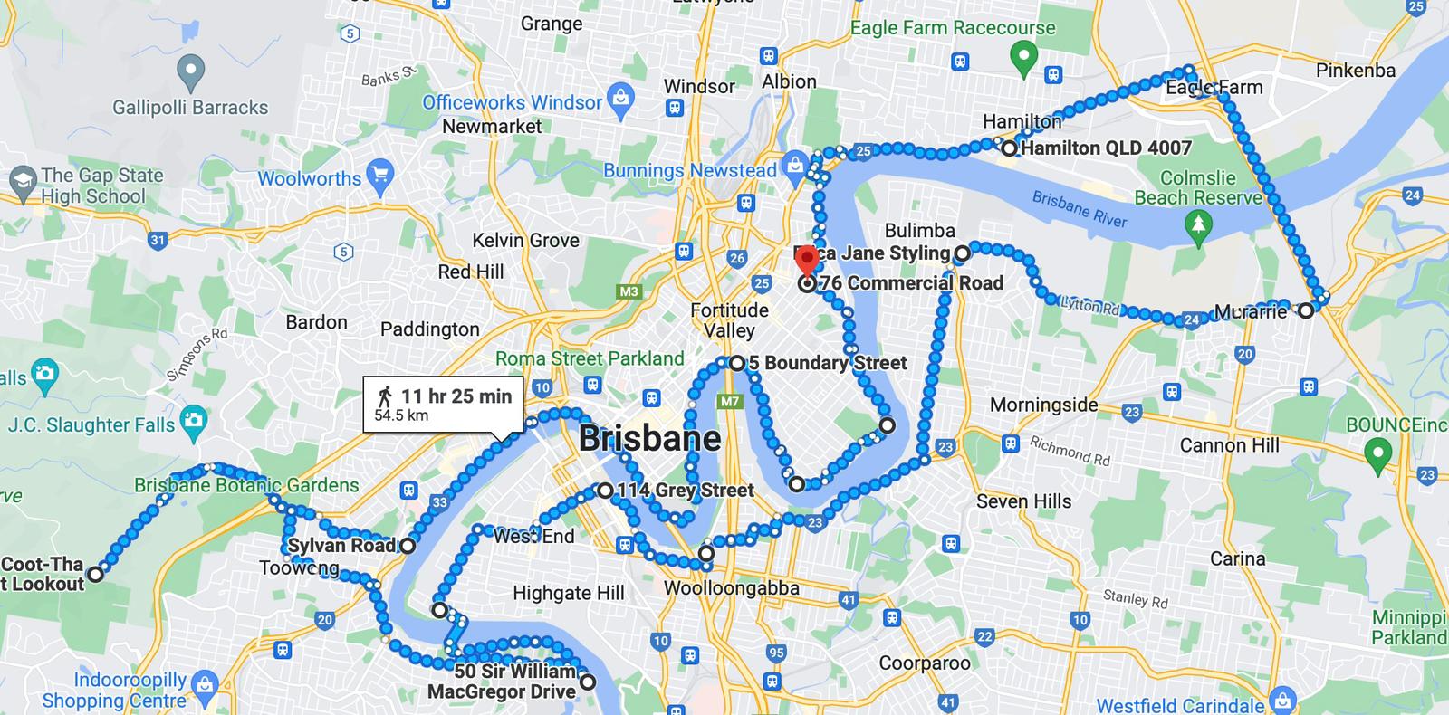 12-hour walk map around Brisbane raising funds for prostate cancer