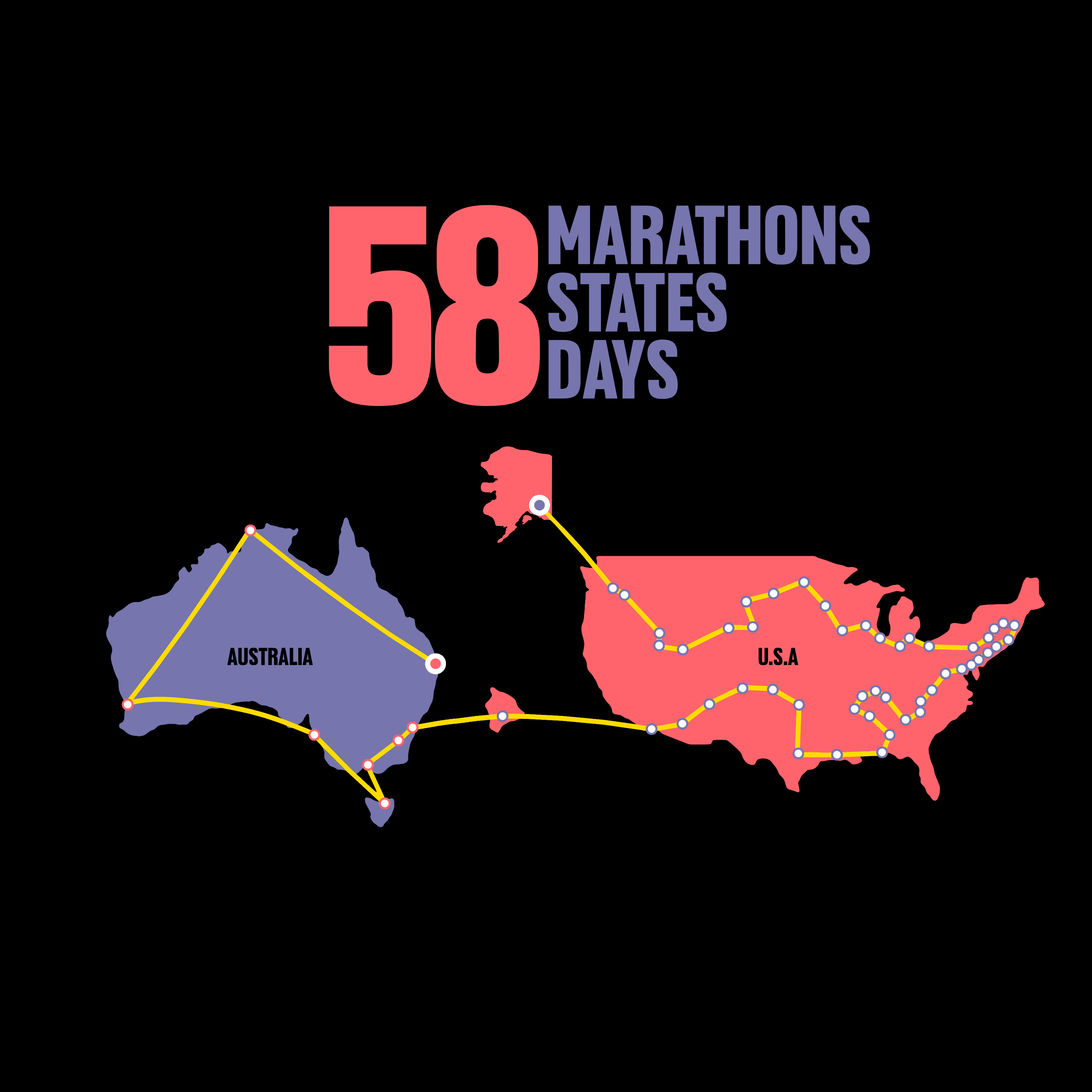 Map showing Lachlan Stuart's progress through the 50 states marathon challenge