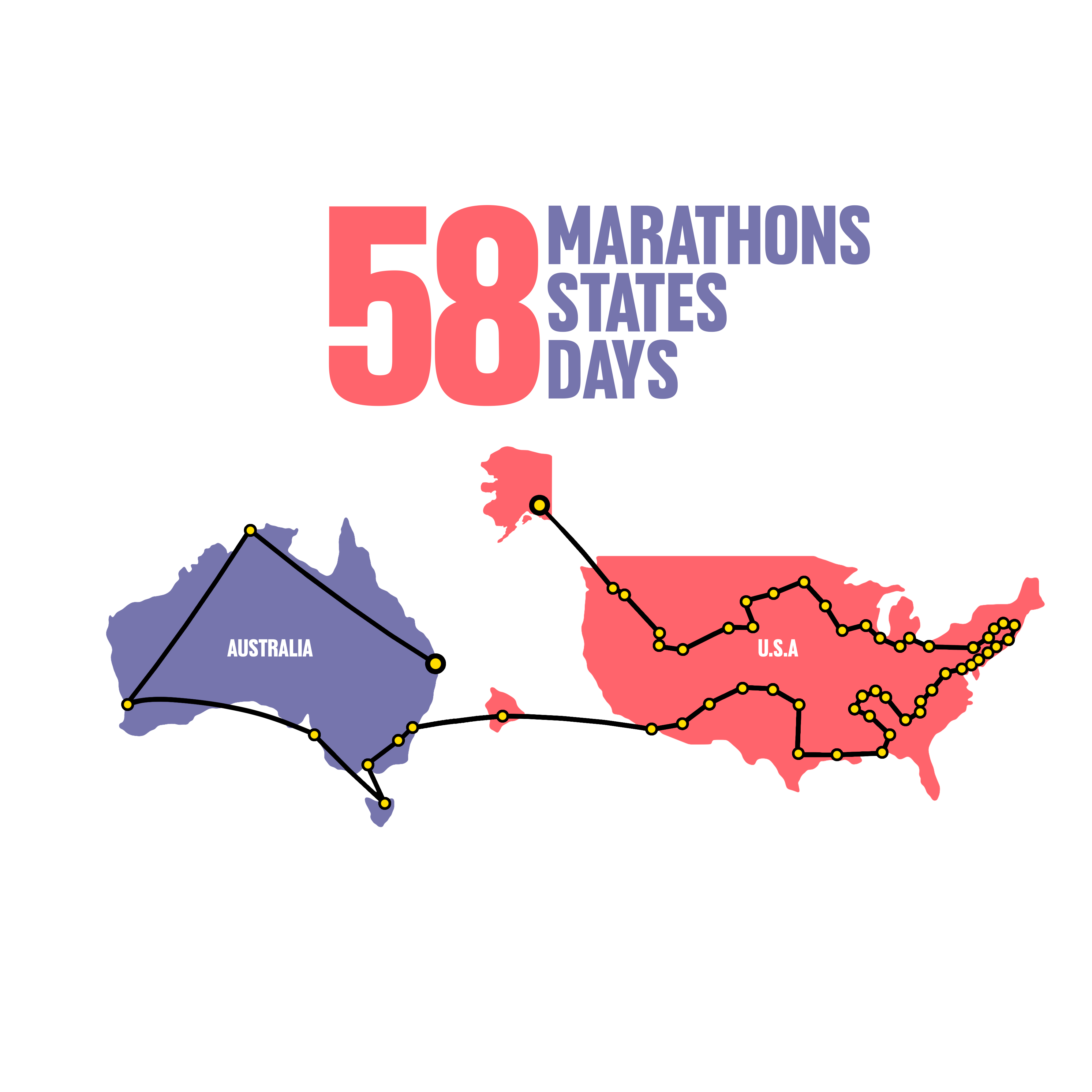 Map showing the 50 states marathon challenge route across the United States